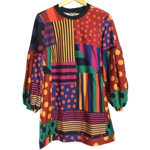 NEW Farm Rio Brazil Mini Dress Long Sleeve Patchwork Funky Colorful Boho